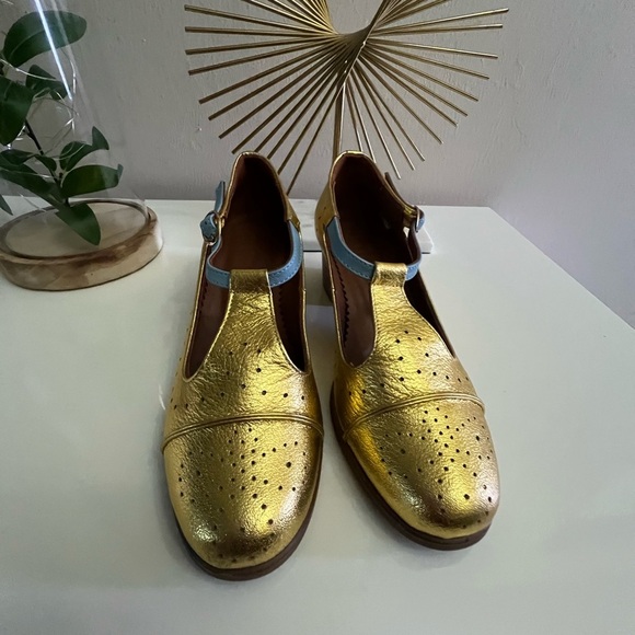 Gold and Blue Flats with Brogue Detailing - Picture 1 of 6